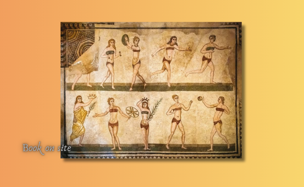 Τέλη 3ου αιώνα μ.Χ. Ψηφιδωτή τοιχογραφία που δείχνει κορίτσια να φοράνε...μπικίνι! Έπαυλη Villa Romana del Casale, Πιάτσα Αρμερίνα, Επαρχία της Έννα, Σικελία.