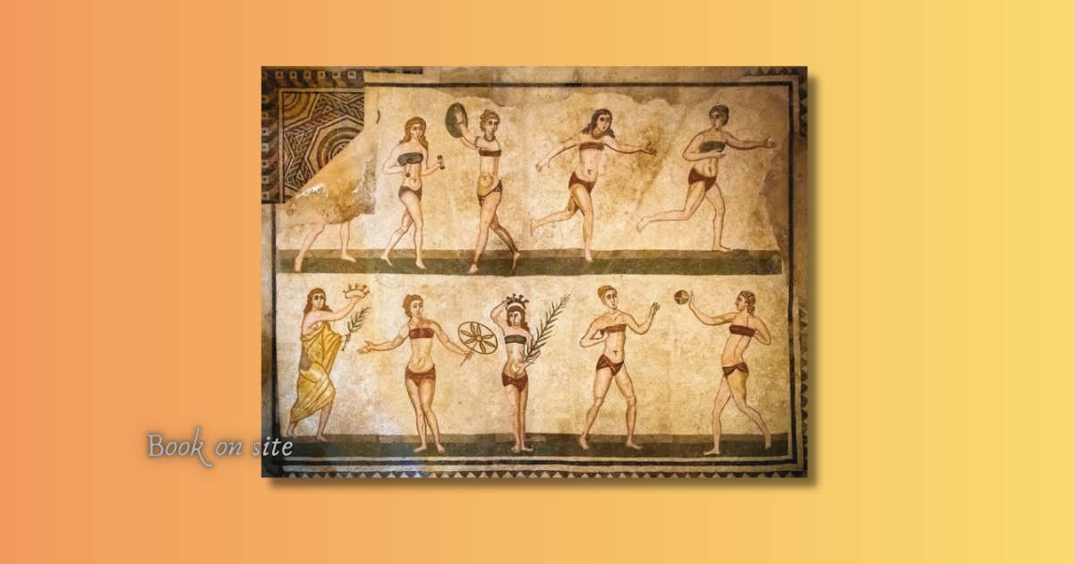 Τέλη 3ου αιώνα μ.Χ. Ψηφιδωτή τοιχογραφία που δείχνει κορίτσια να φοράνε...μπικίνι! Έπαυλη Villa Romana del Casale, Πιάτσα Αρμερίνα, Επαρχία της Έννα, Σικελία.